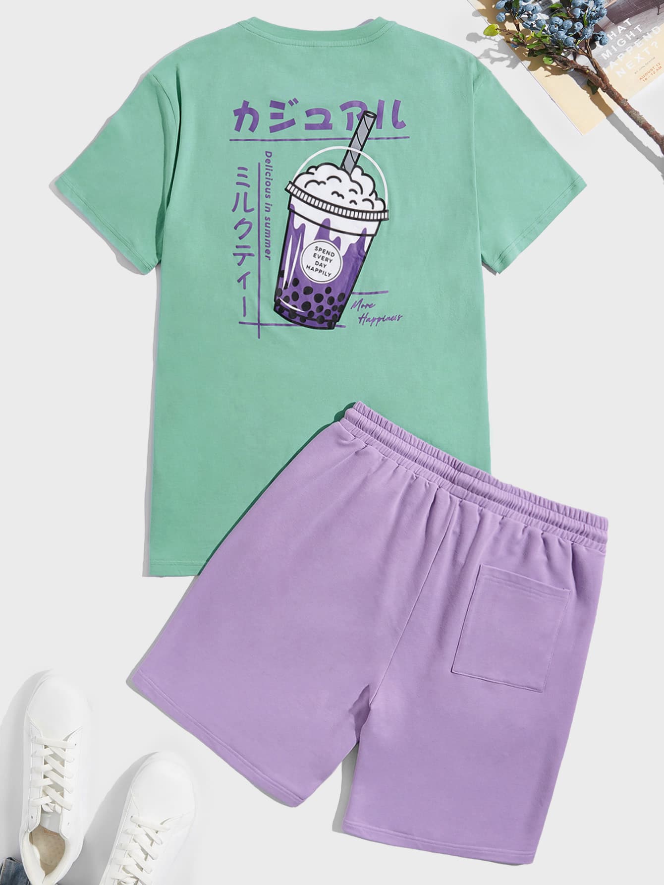 Men Cotton Japanese Letter & Drink Print Tee & Shorts