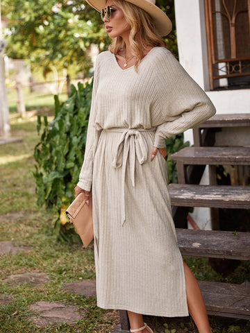 Raglan Sleeve Belted Split Hem Dress