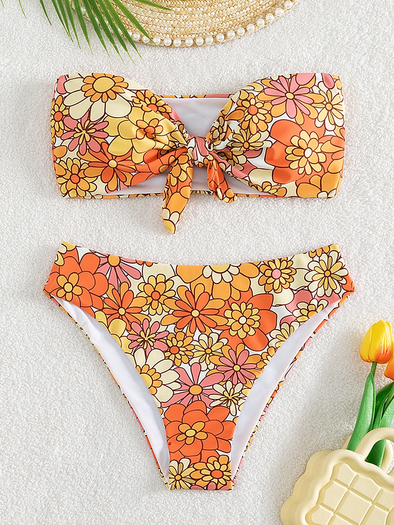 Summer Beach Floral Print Bikini Set Knot Front Bandeau Bra & High Waisted Bottom 2 Piece Bathing Suit