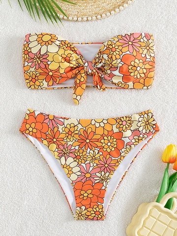 Summer Beach Floral Print Bikini Set Knot Front Bandeau Bra & High Waisted Bottom 2 Piece Bathing Suit