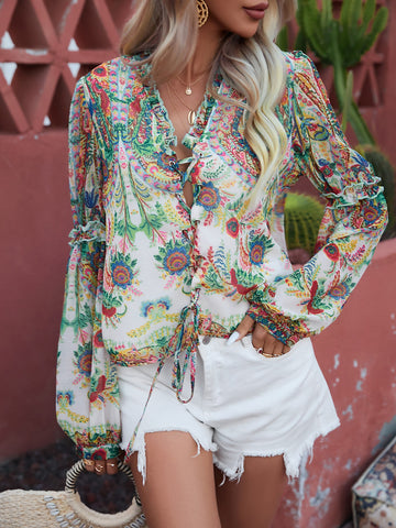 Floral Print Lace Up Front Frill Trim Blouse