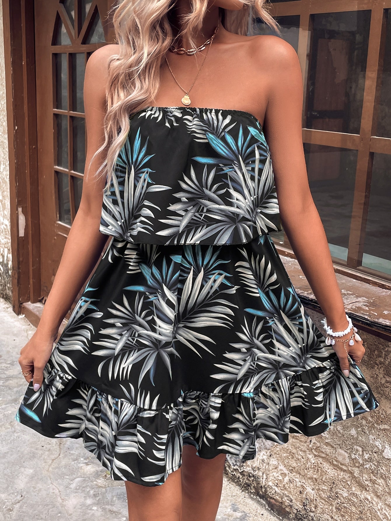 Tropical Print Ruffle Hem Tube Dress