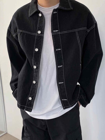 Men Cotton Drop Shoulder Top-stitching Denim Jacket