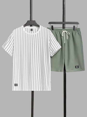 Men Striped Print Tee & Drawstring Waist Shorts