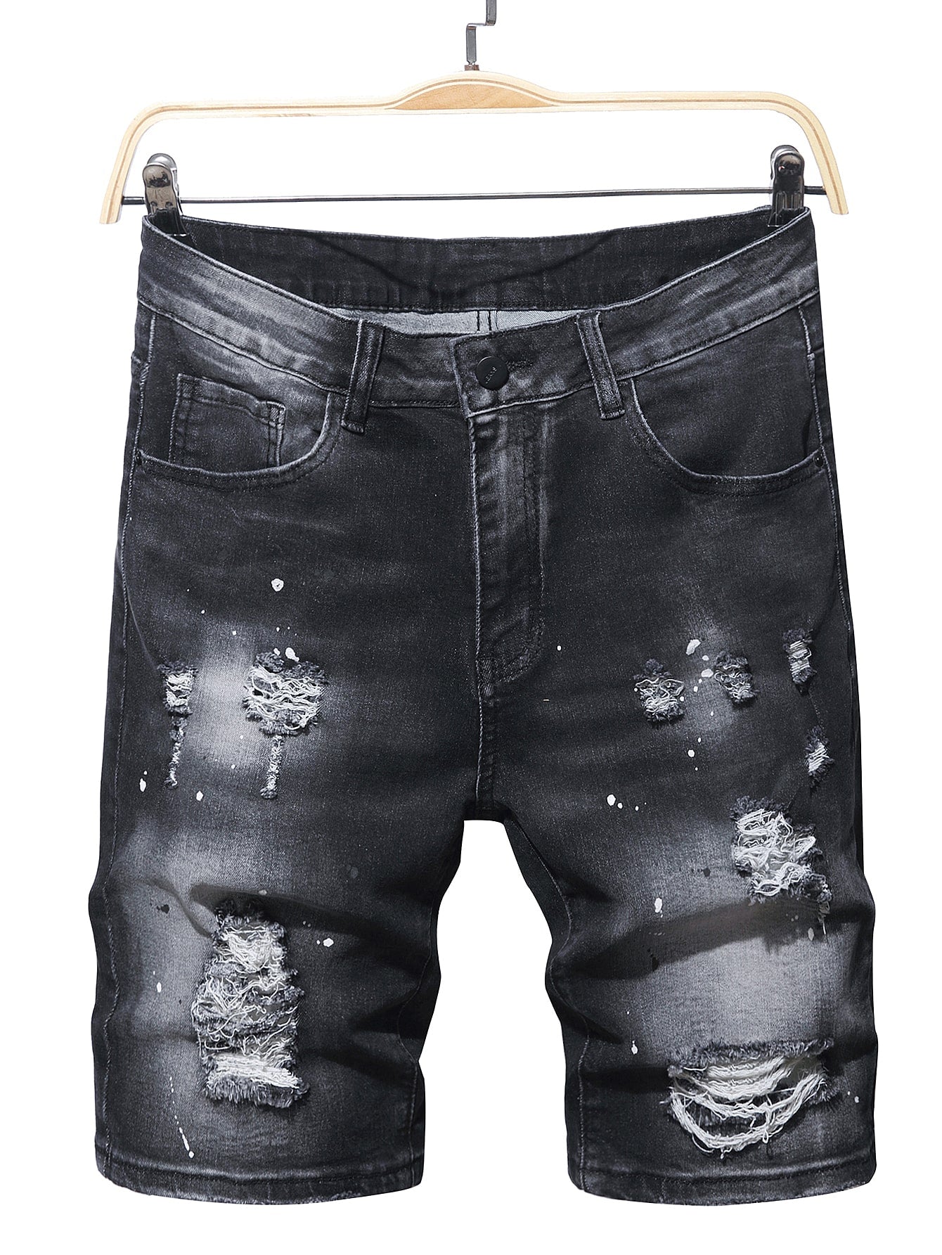 Men Cotton Splash Ink Print Ripped Denim Shorts