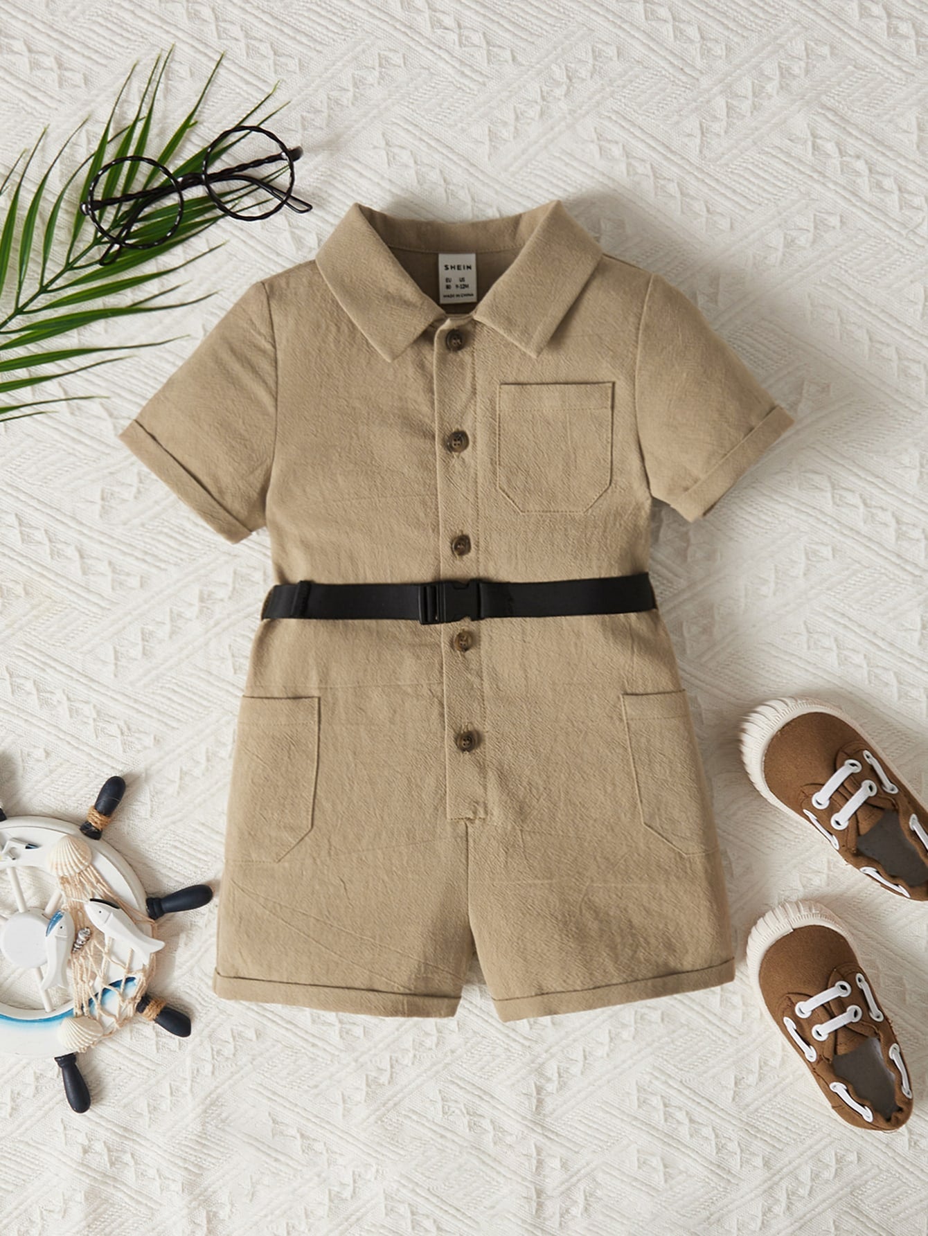 Baby Boy Patched Pocket Button Front Romper With Belt