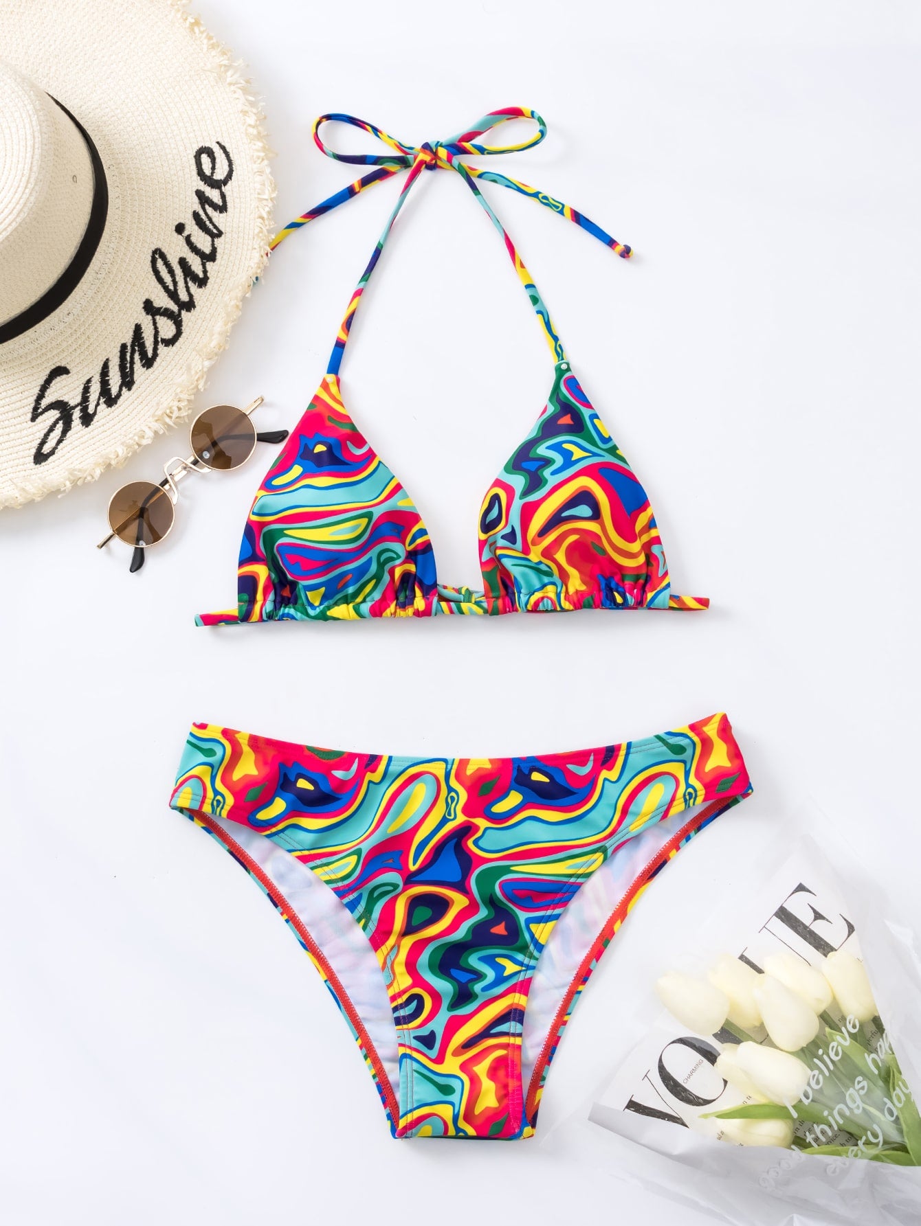 Summer Beach Allover Print Halter Triangle Bikini Set