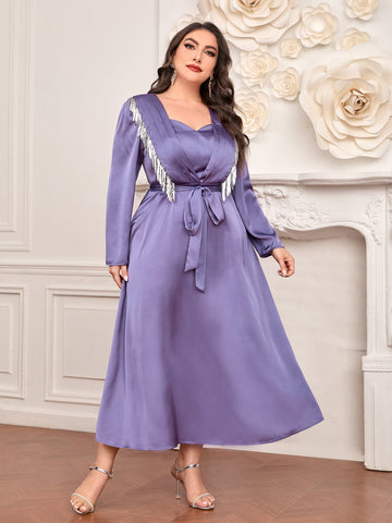 Plus Fringe Trim Belted Satin Dress