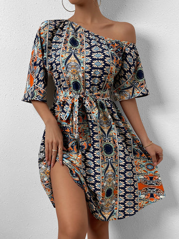 Allover Print Asymmetrical Neck Belted Dress