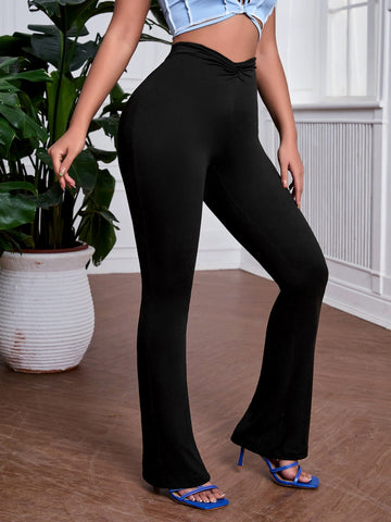 Solid Twist Detail Flare Leg Pants