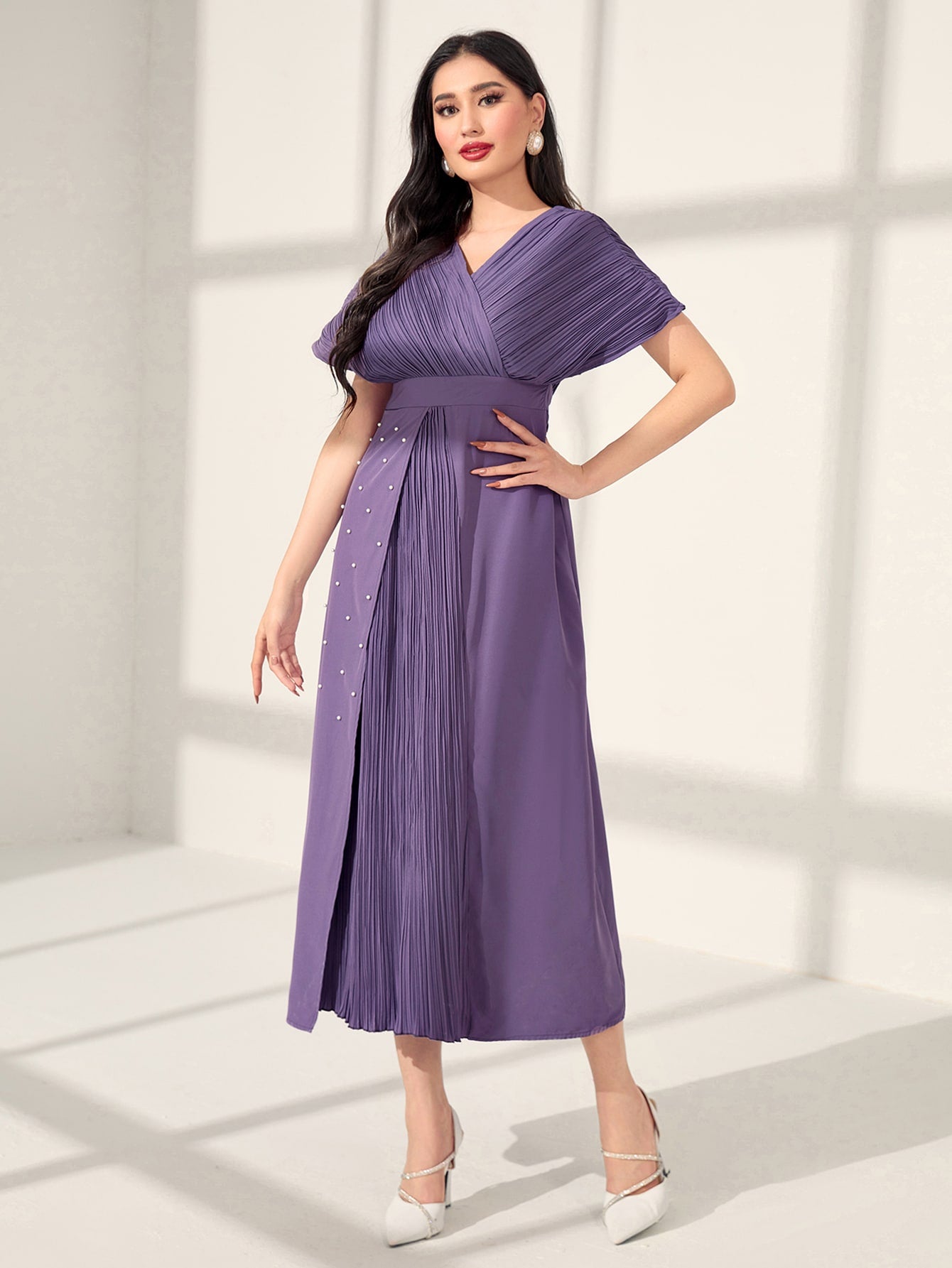 Pleated Detail Batwing Sleeve Wrap Hem Dress