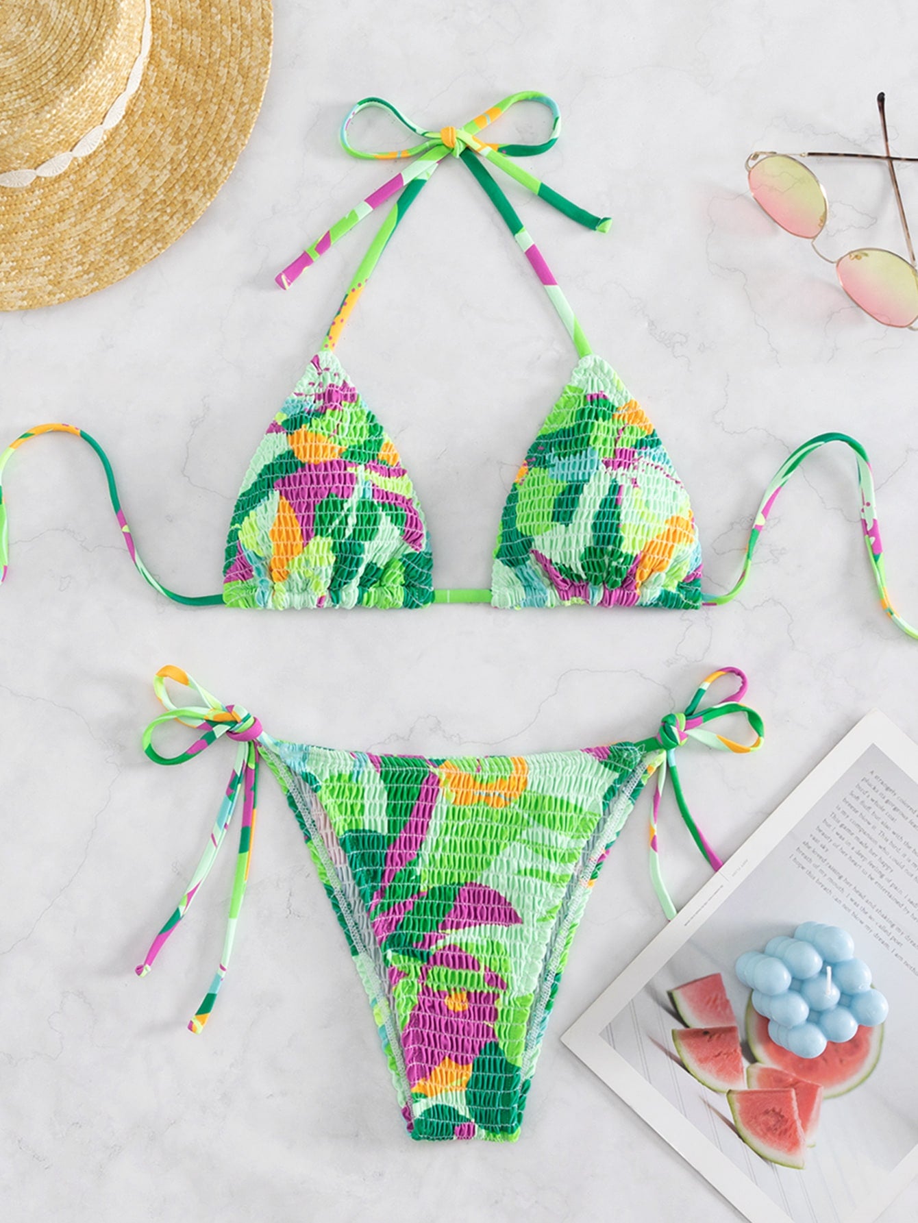 Summer Beach Graphic Print Smocked Halter Triangle Bikini Set