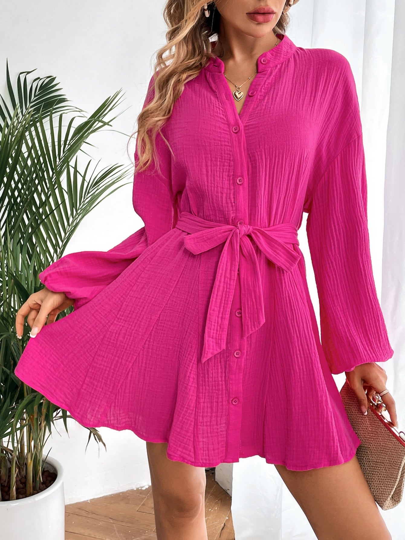 Lantern Sleeve Belted Dress