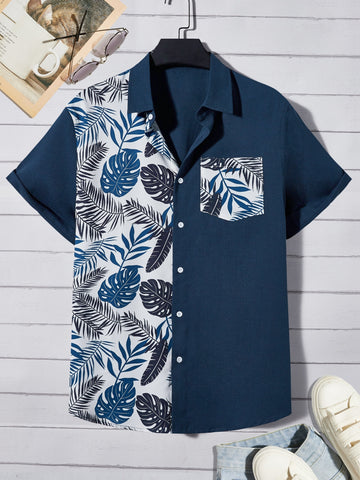 Men Tropical Print Pocket Patched Shirt