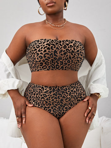 Summer Beach Plus Leopard Print Bikini Set Wireless Bandeau Bikini & High Waist Bikini 2 Piece Swimsuit