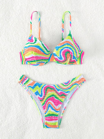 Summer Beach Allover Print Smocked Underwire Bikini Set