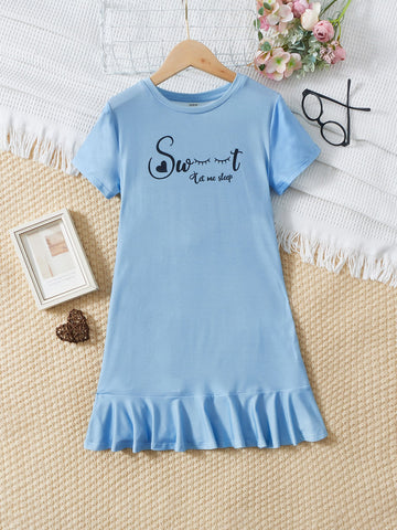 Girls Slogan Graphic Ruffle Hem Nightdress