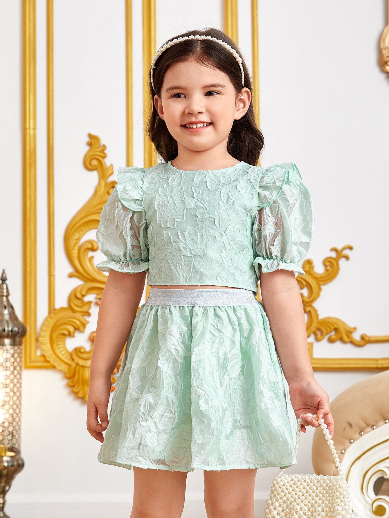 Toddler Girls Jacquard Ruffle Trim Puff Sleeve Top & Skirt