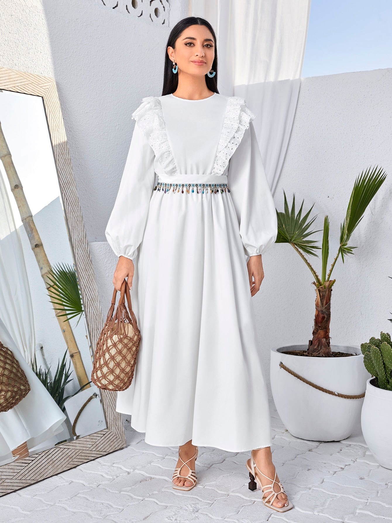 Lantern Sleeve Ruffle Trim Dress With Belt