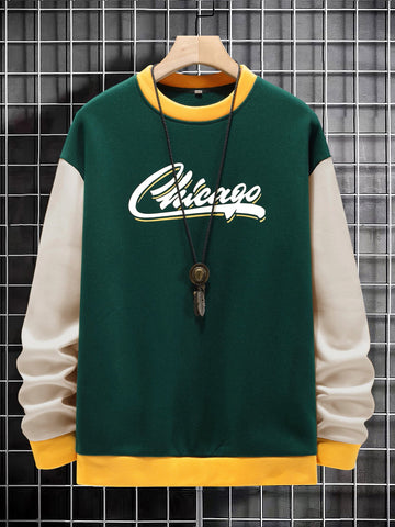 Men Letter Graphic Colorblock Drop Shoulder Pullover