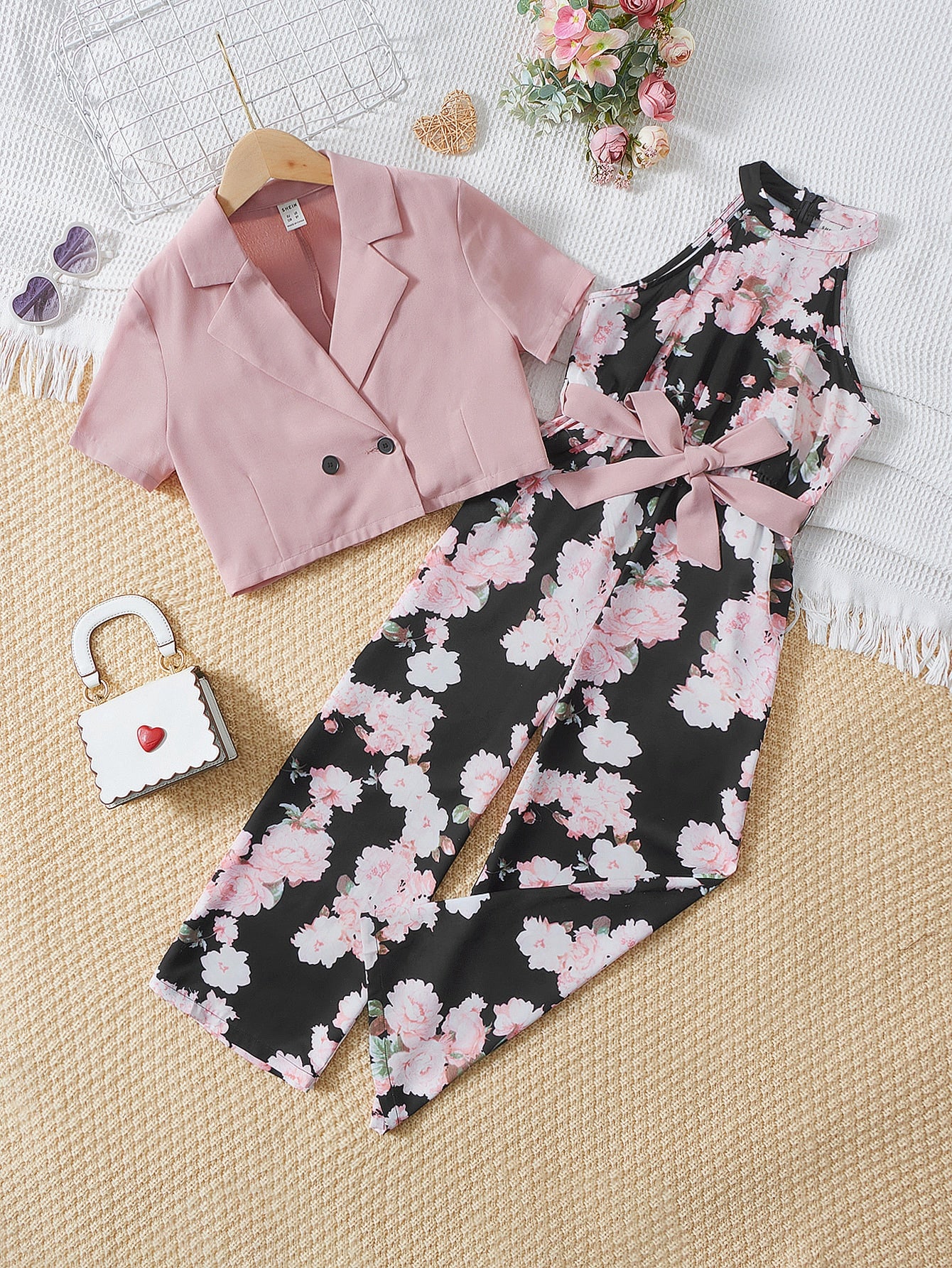 Girls Lapel Neck Shirt & Floral Print Belted Jumpsuit