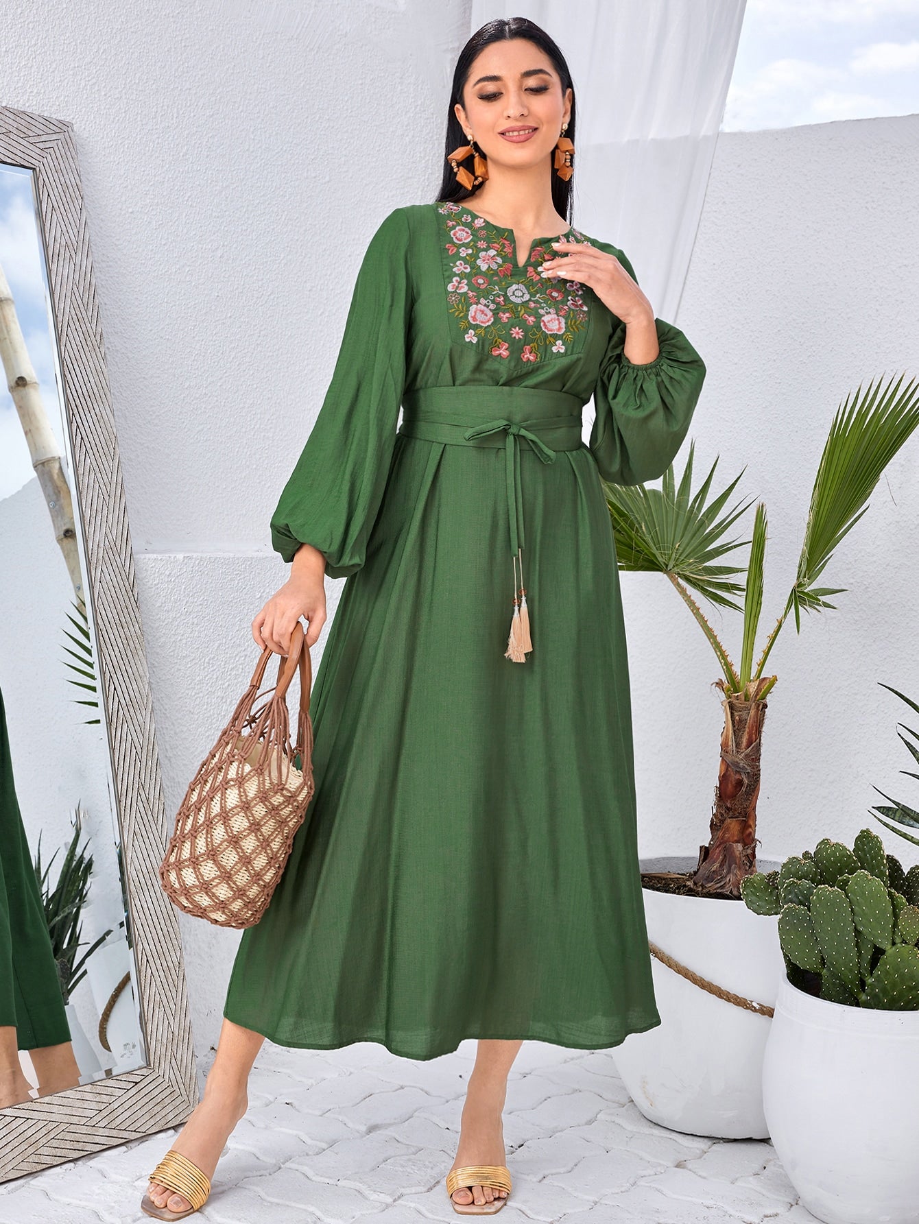 Floral Embroidery Notched Neckline Lantern Sleeve Belted Dress