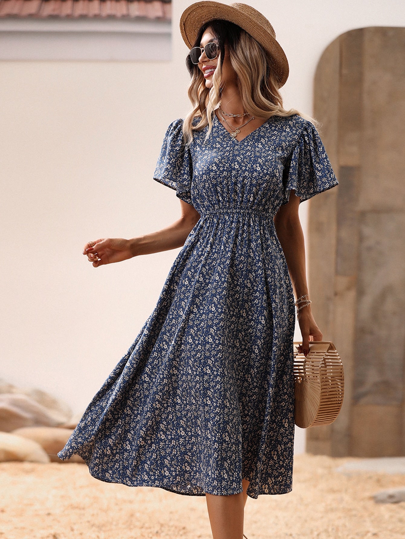 Ditsy Floral Print Butterfly Sleeve Dress