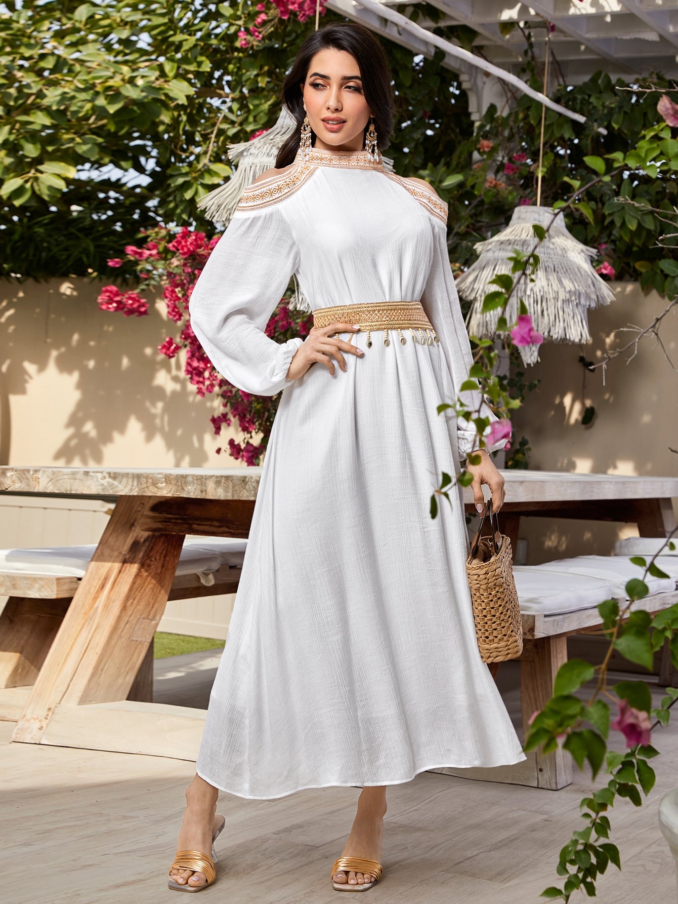 Cold Shoulder Lantern Sleeve Belted Dress