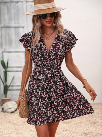 Ditsy Floral Print Butterfly Sleeve Belted Dress