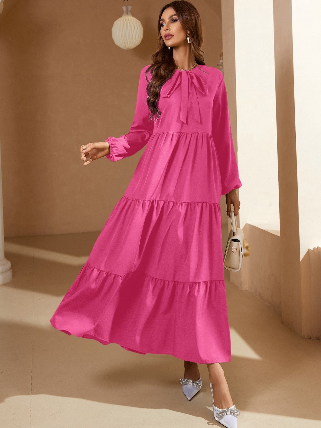 Tie Neck Ruffle Hem Smock Dress