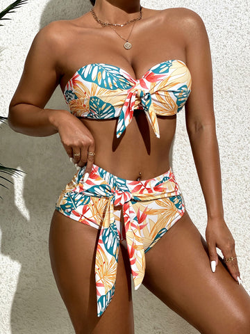 Tropical Print Knot Front Bandeau Bikini Set,Summer Beach