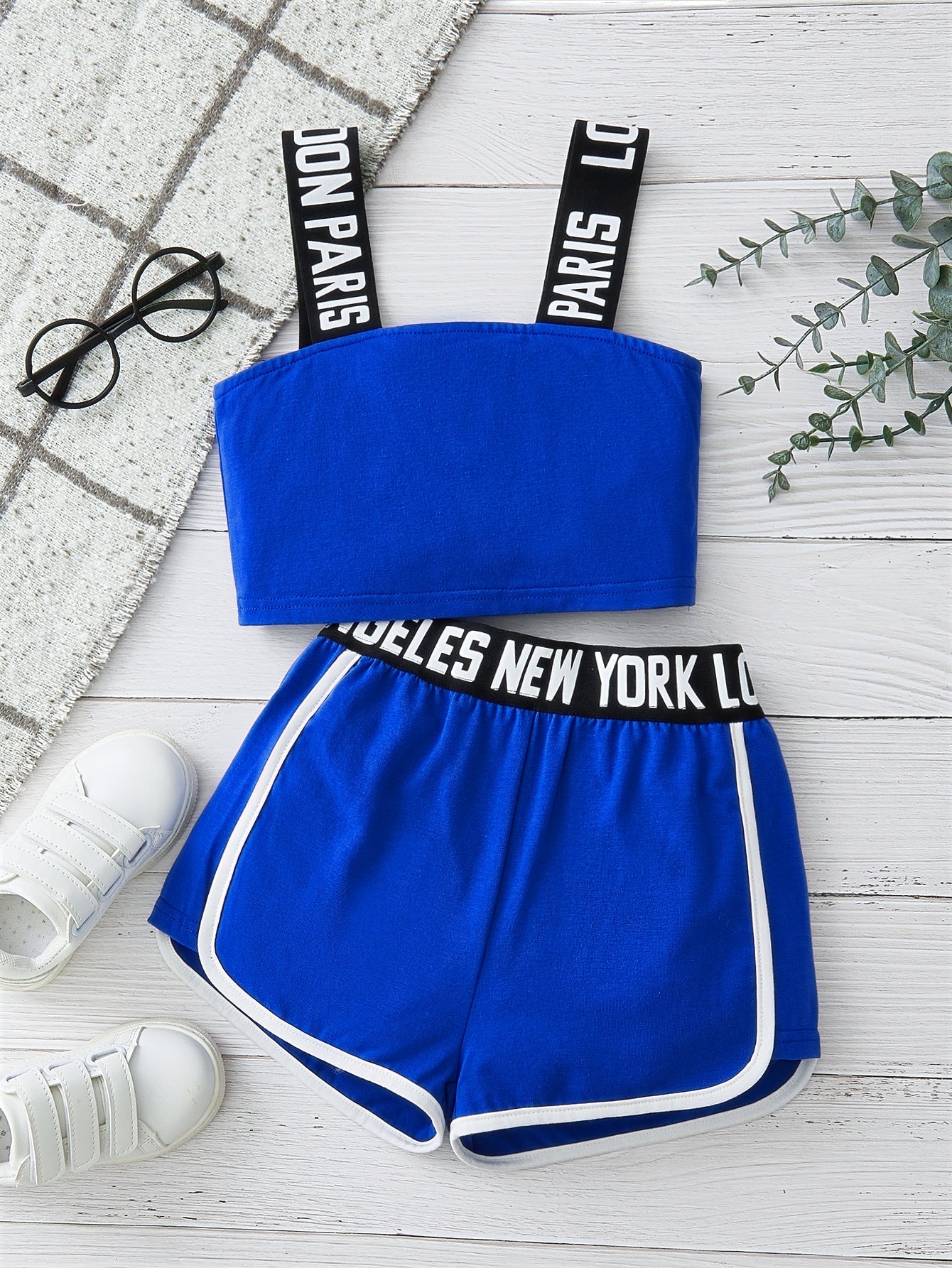 Young Girl Letter Tape Cami Top & Contrast Binding Shorts