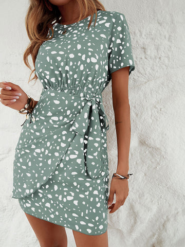 Allover Print Knot Side Wrap Hem Dress