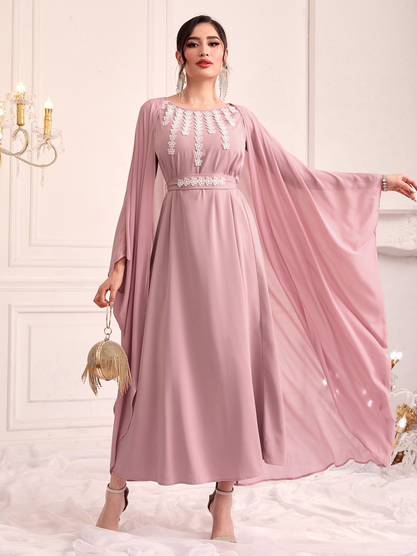 Floral Appliques Cloak Sleeve Belted Dress