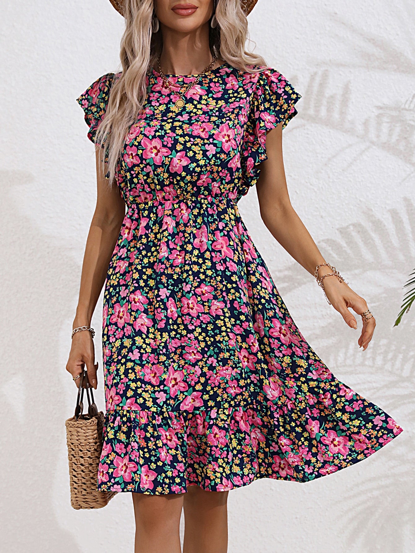 Allover Floral Print Ruffle Hem Dress