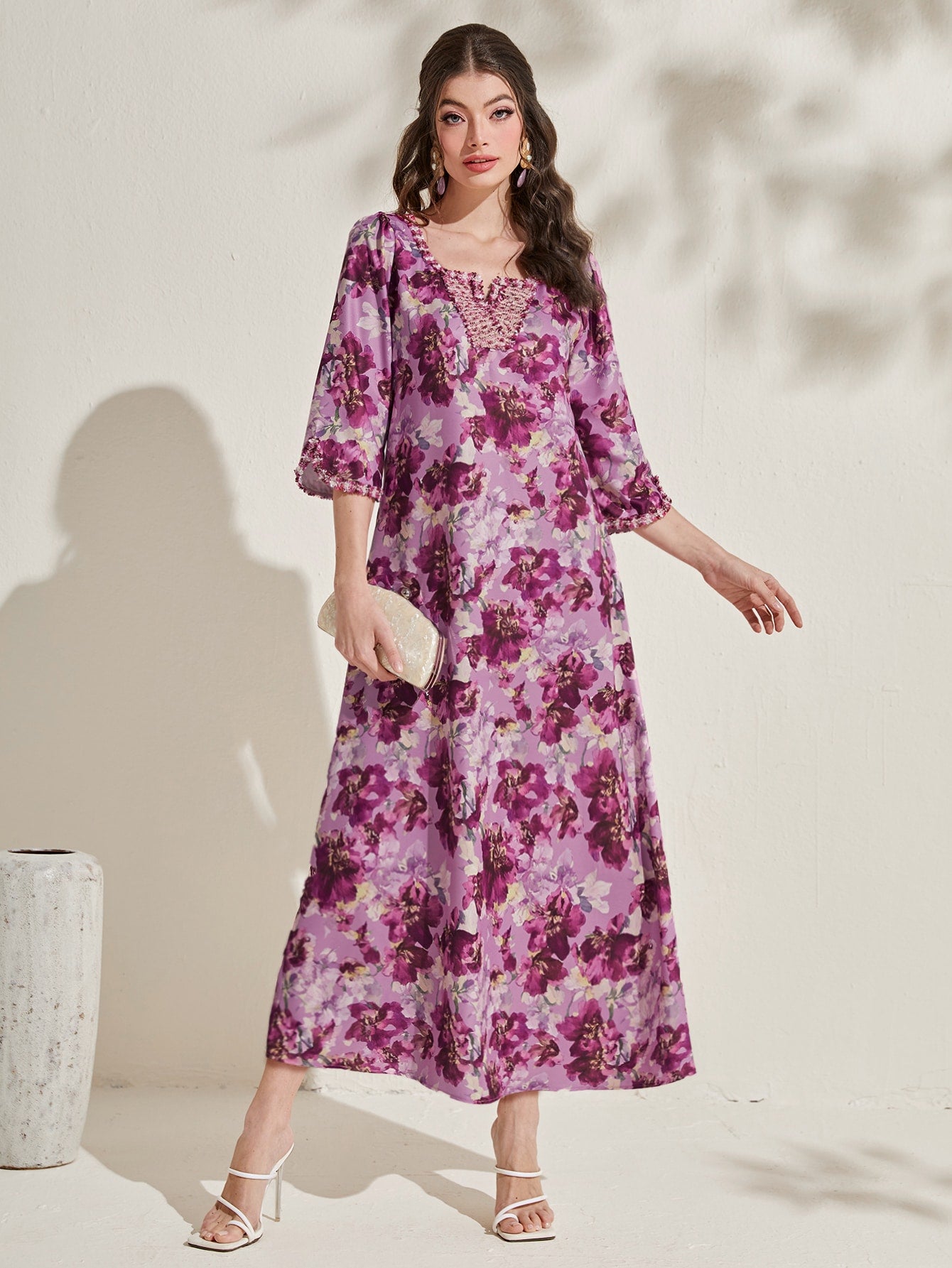 Floral Print Contrast Lace Dress