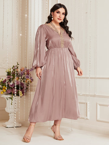 Plus Contrast Tape Lantern Sleeve Dress Without Belt