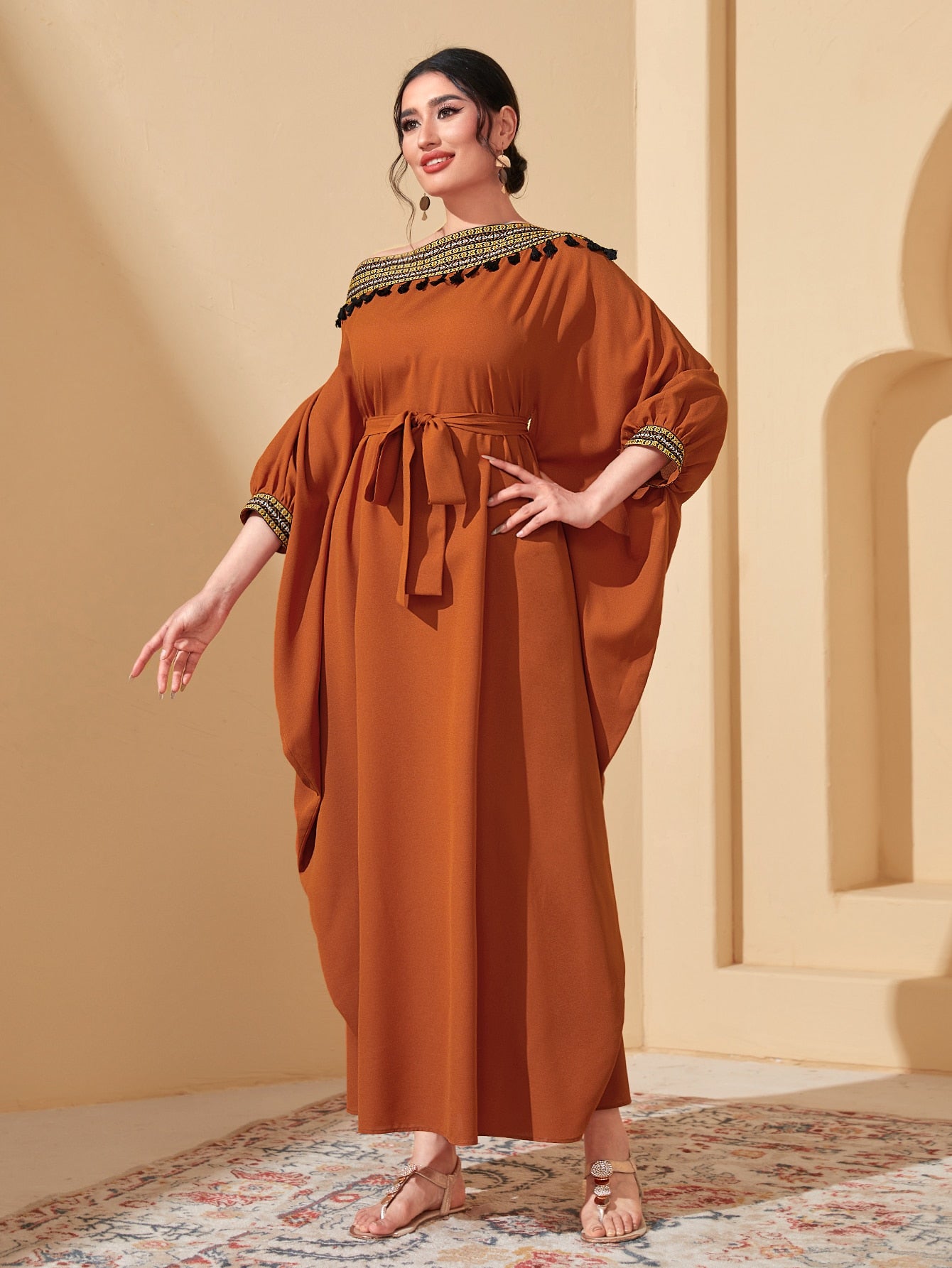 Asymmetrical Neck Batwing Sleeve Belted Dress