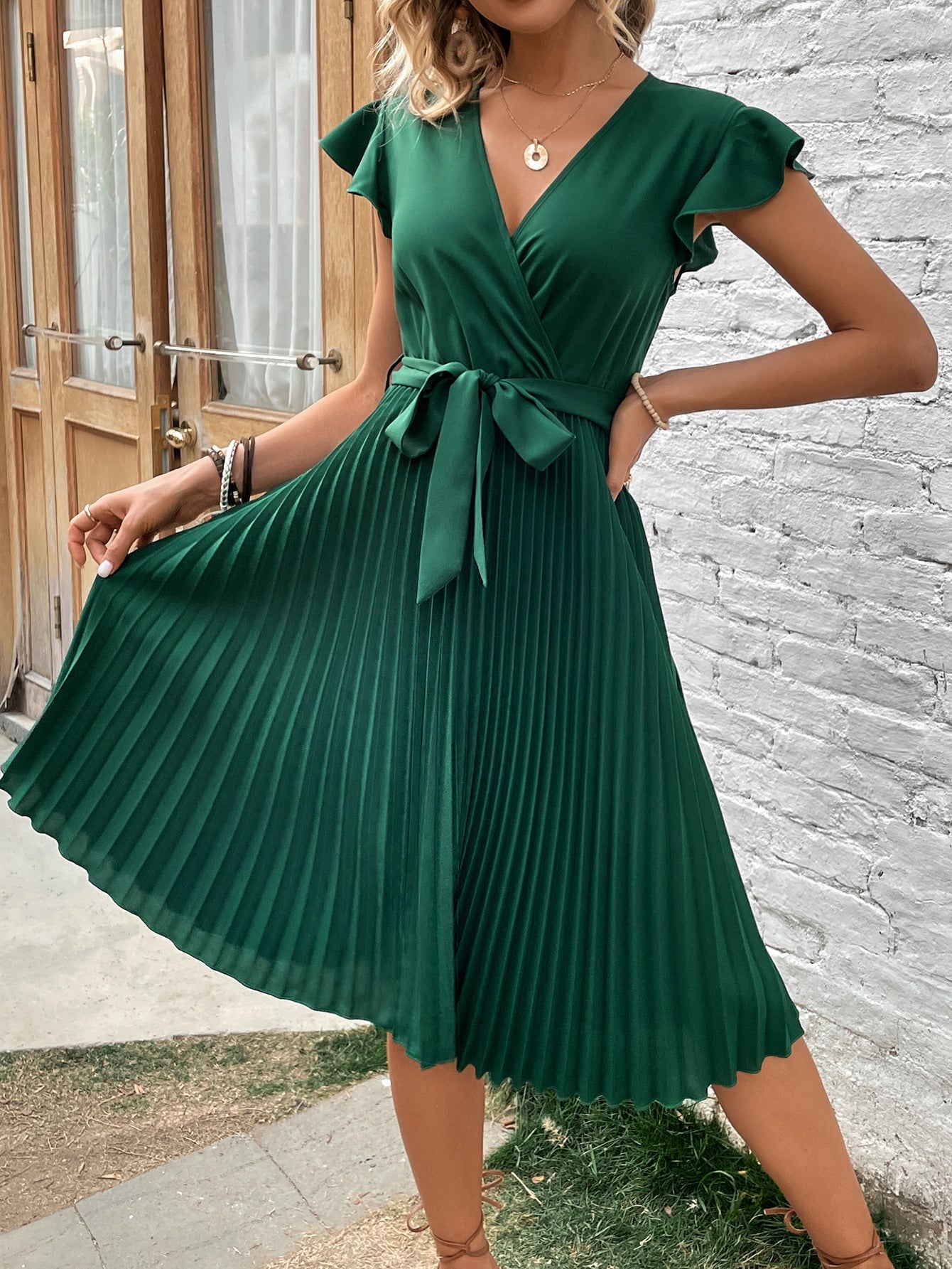 Surplice Neck Butterfly Sleeve Pleated Hem Belted Dress