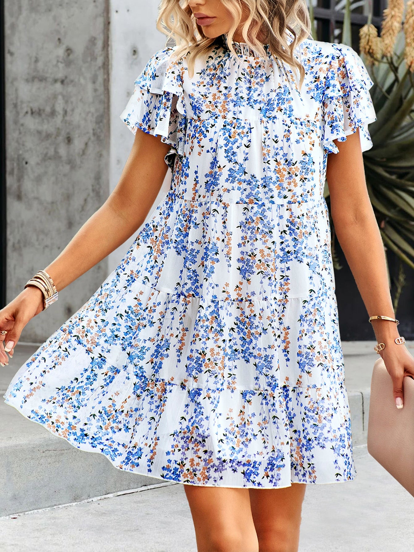 Ditsy Floral Print Mock Neck Butterfly Sleeve Ruffle Hem Smock Dress