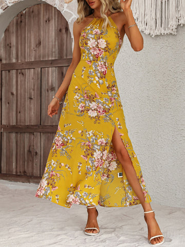 Floral Print Split Thigh Halter Dress