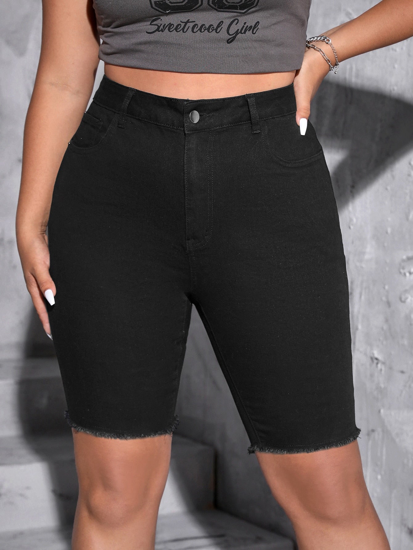 Plus High Waist Raw Cut Denim Shorts