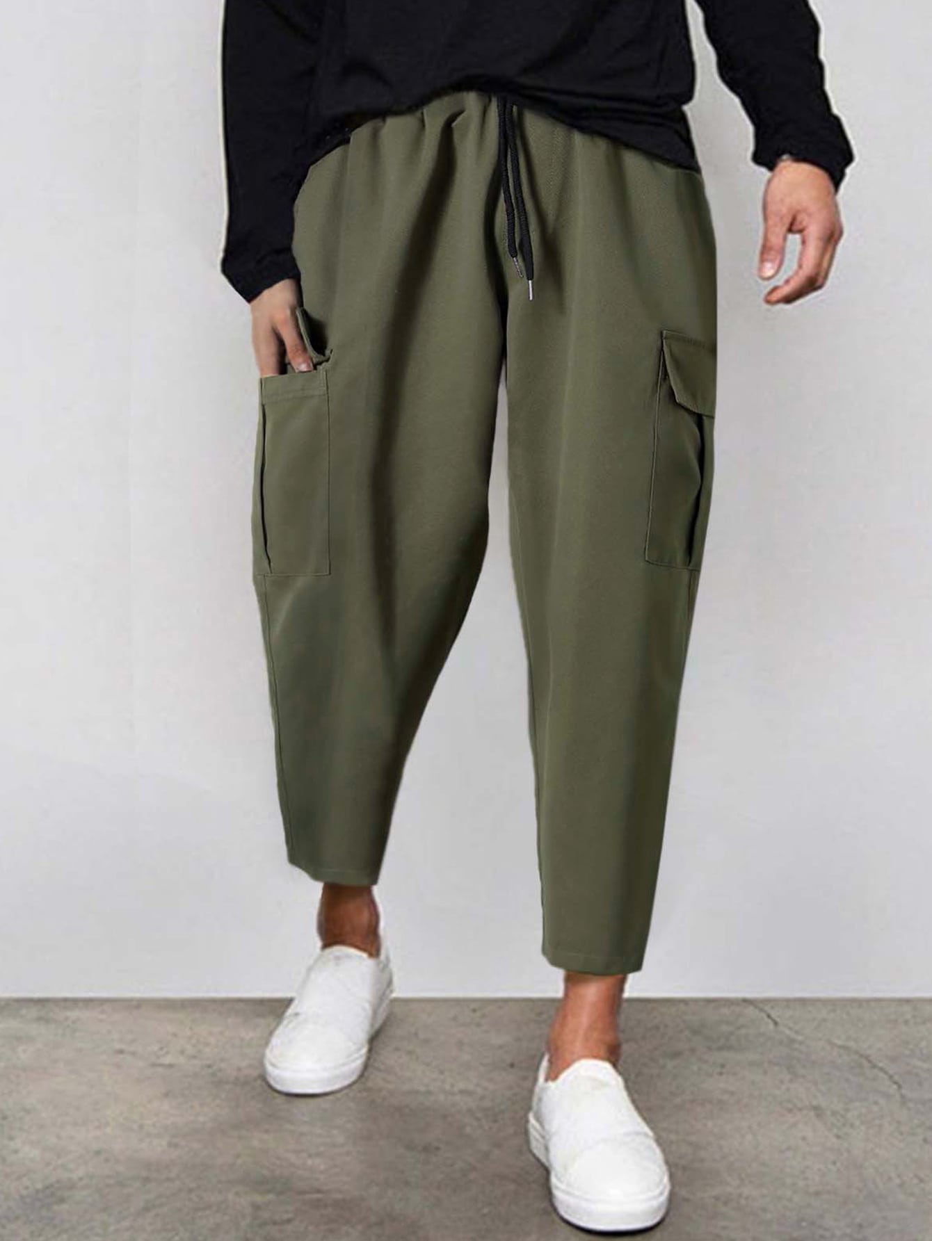 Men's Loose Fit Drawstring Waist Pants With Flap Pockets Harem Plain Army Green Going Out