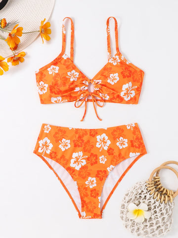 1set Summer Beach Floral Print Drawstring Bikini Set Bathing Suit