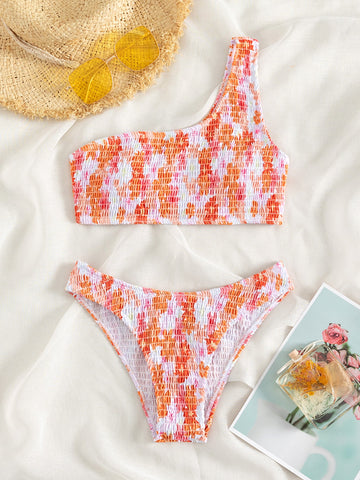 Summer Beach Floral Smocked One Shoulder Bikini Set