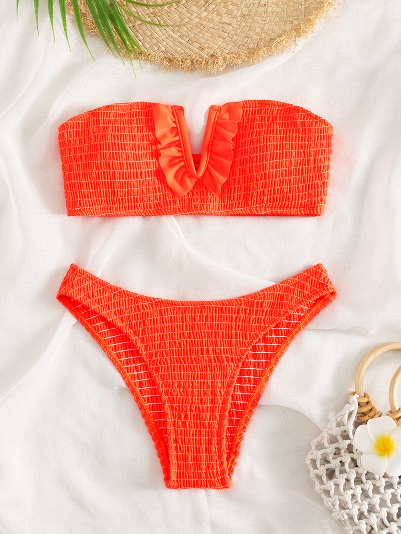 Summer Beach Shirred Ruffle Trim Bandeau Bikini Set, Bathing Suit