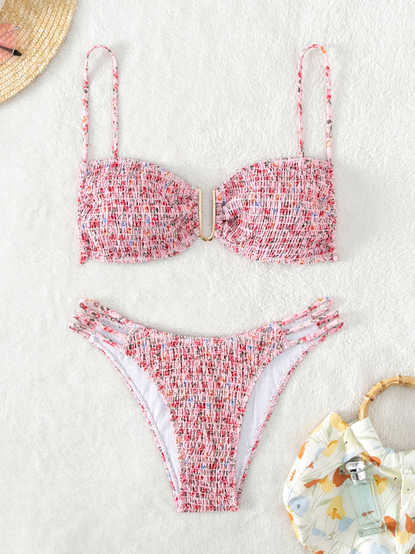 Summer Beach Ditsy Floral Print Smocked Bikini Set