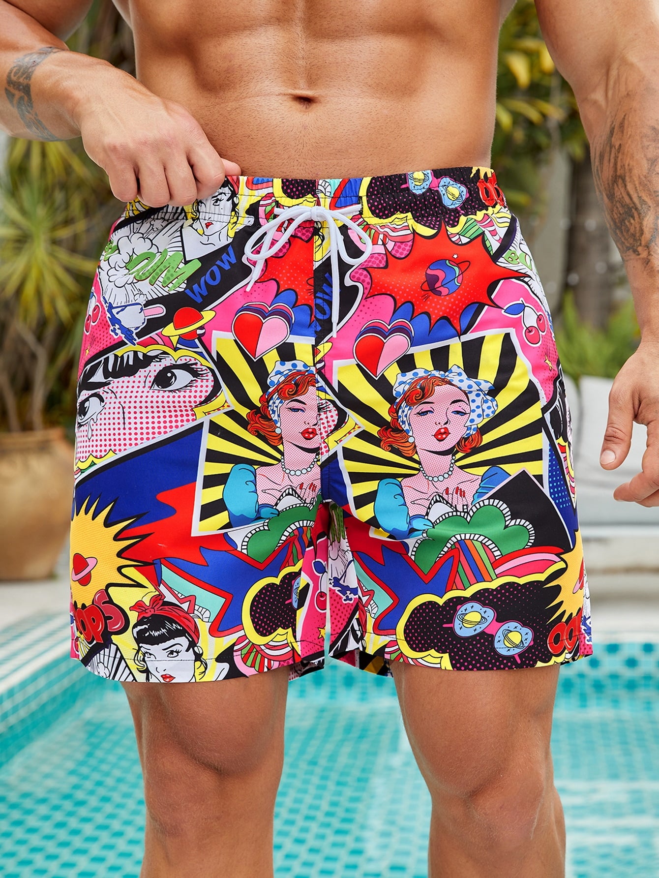 Men Pop Art Print Drawstring Waist Swim Trunks