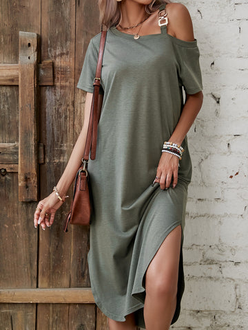 Asymmetrical Neck Split Thigh Tee Dress