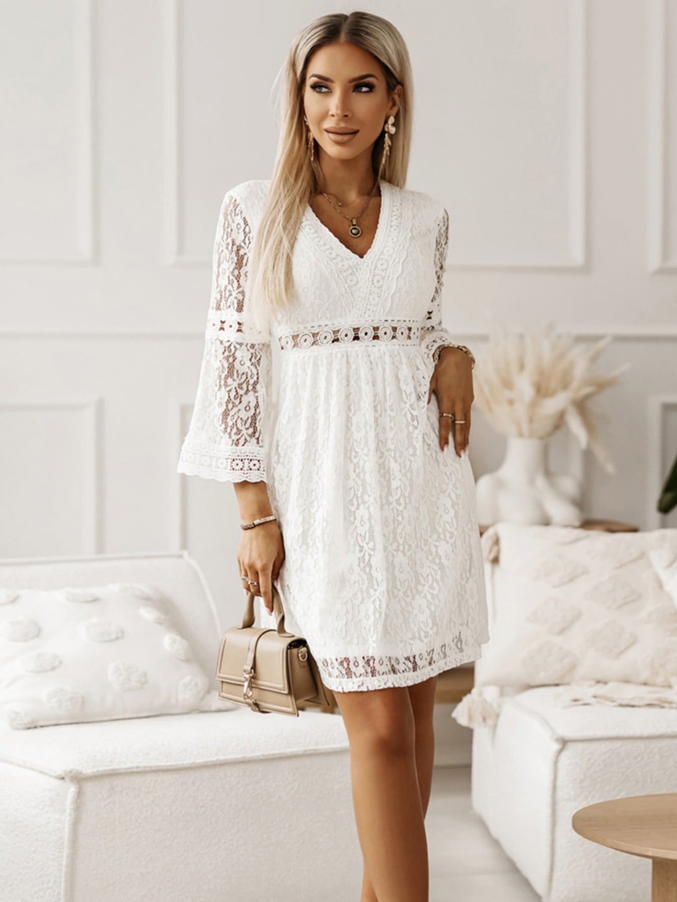 Guipure Lace Insert Flounce Sleeve Dress